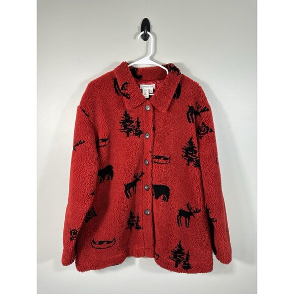 Coldwater Creek Jacket Womens Extra Large‎ Red Sherpa Bear Moose Cabincore - Picture 1 of 11